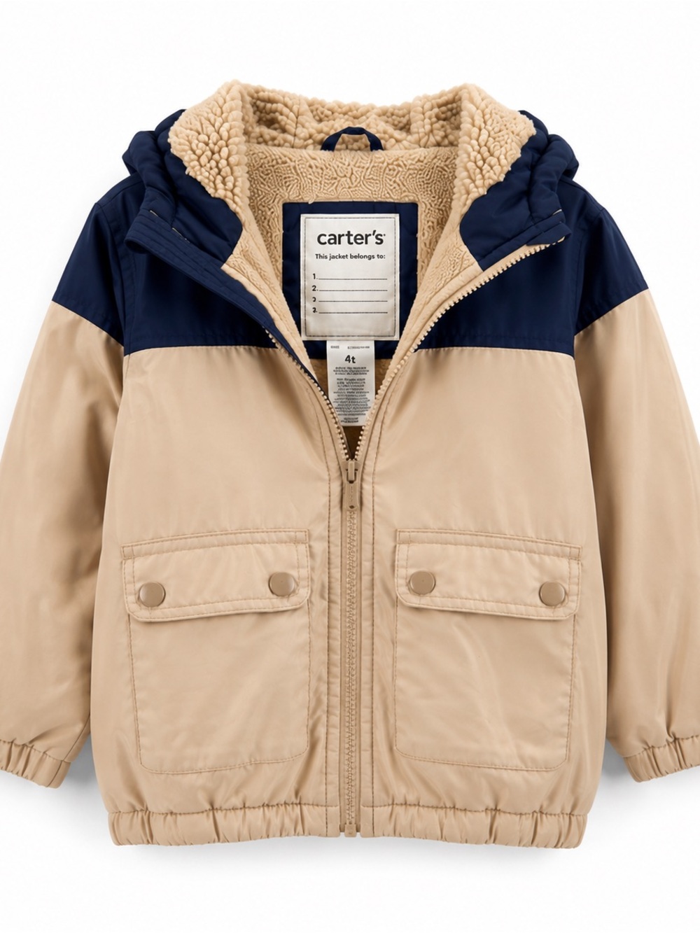 Carter's Two-Tone Hooded Puffer Jacket in Beige and Navy